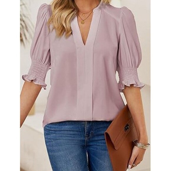 Evaless Summer Casual V Neck Tunic Blouse Ruffle Short Sleeve Pink Size XXL - Picture 2 of 6